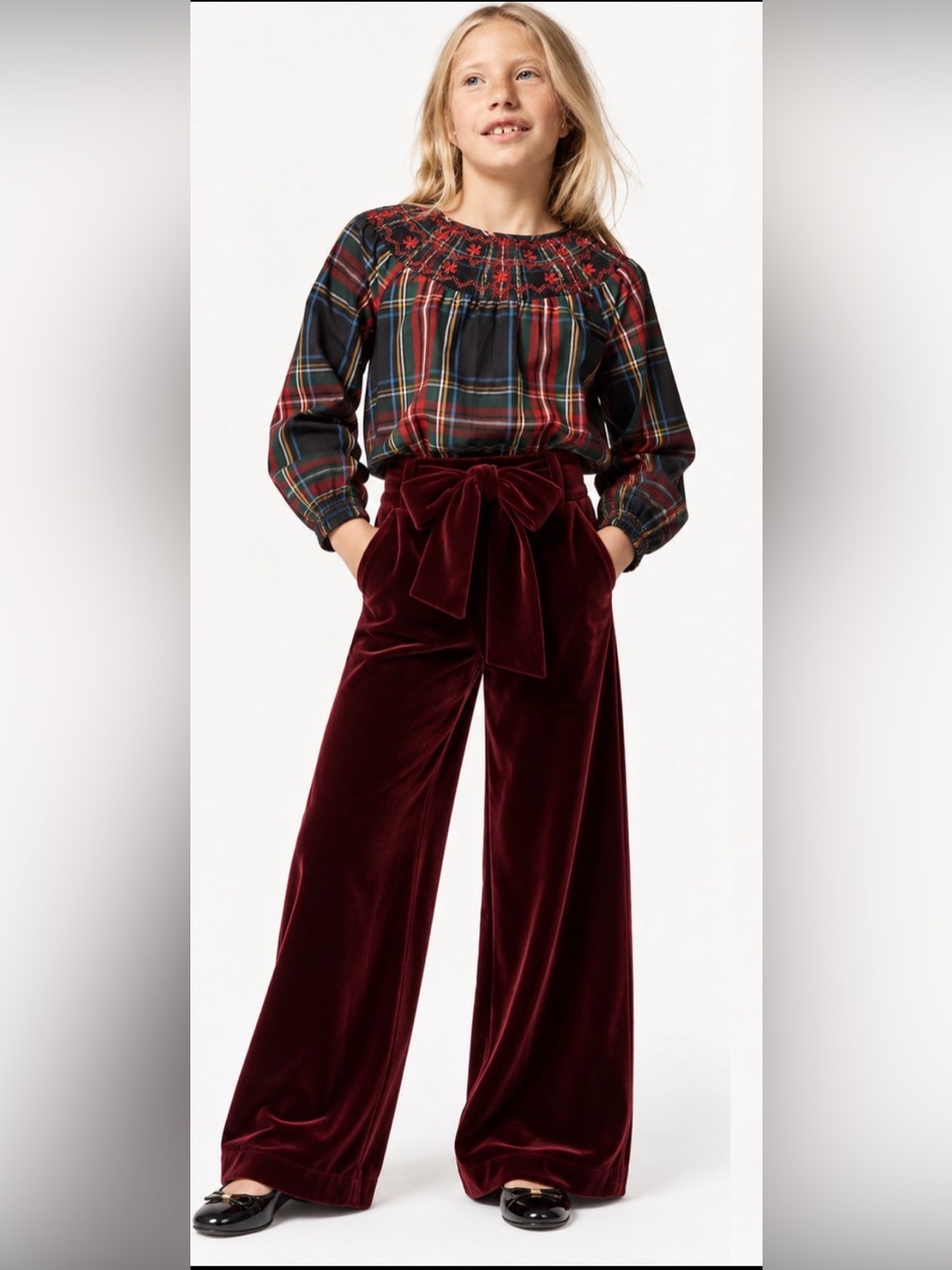 J.Crew Girls' embroidered smocked top in Stewart tartan